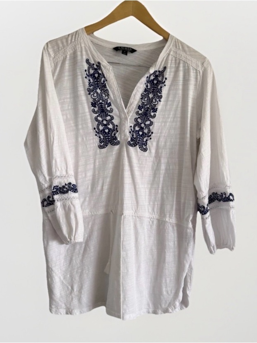 Lauren Ralph Lauren Embroidered Tunic Top Shirt M Boho Nautical Coastal Grandma